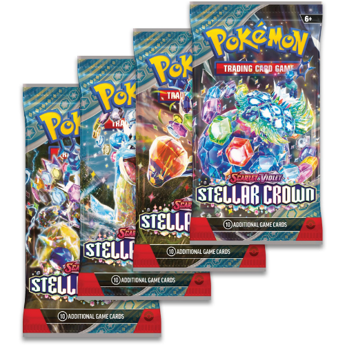 Pokémon trading card game packs featuring 'Stellar Crown' and 'Stella'.