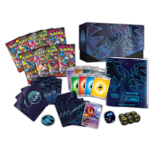 Pokémon trading card game set with cards, box, and accessories on a white background