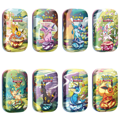 Set of eight colorful Pokémon-themed tins with character illustrations on a white background.