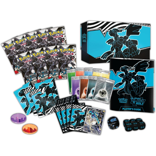 Pokémon trading card game set with cards, guidebook, and accessories on a white background