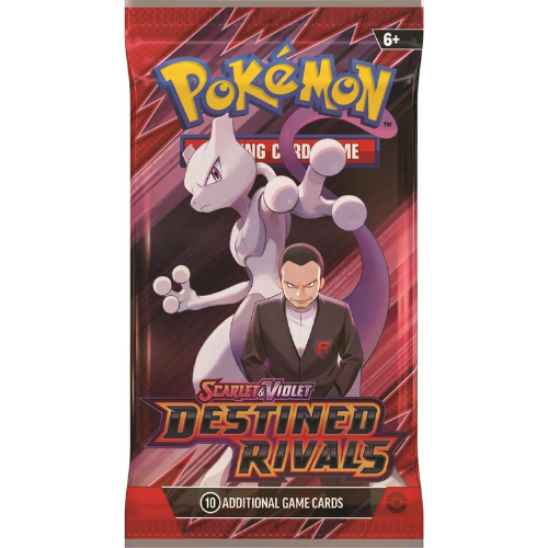 Pokémon trading card game pack featuring Mewtwo and a character, with 'Destined Rivals' text on a red and black background.