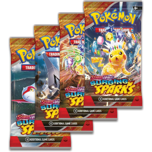 Pokémon trading card game packs with Pikachu on a white background