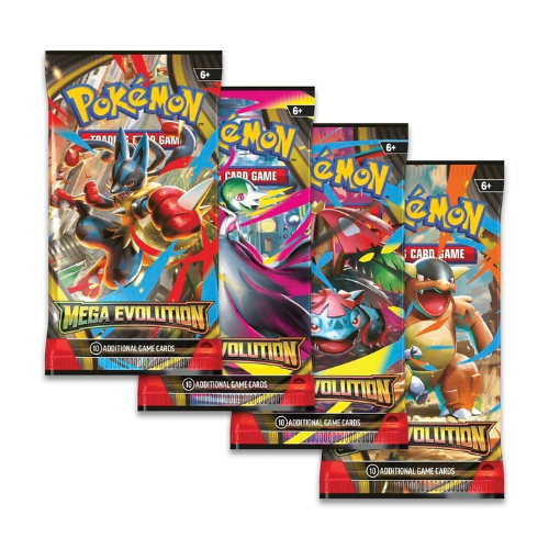 Four Pokemon card game packs with colorful designs on a white background