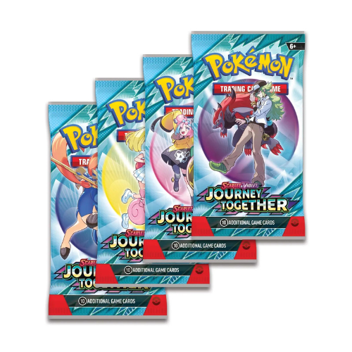 Three packs of Pokémon trading cards with characters on a white background
