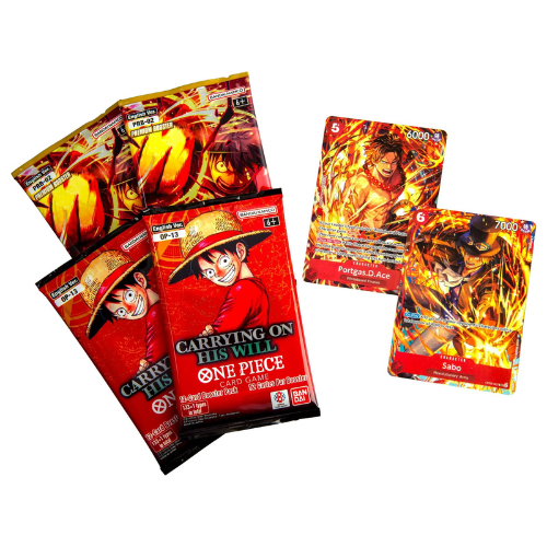Collection of 'One Piece' themed trading card packs on a white background