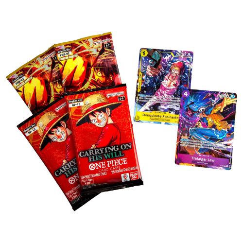 Collection of 'One Piece' themed trading card packs on a white background