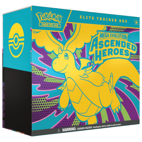 Pokémon trading card game Elite Trainer Box with Mega Evolution Ascended Heroes design on a white background