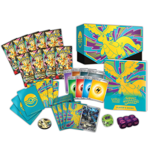 Pokémon trading card game set with cards, box, and accessories on a white background