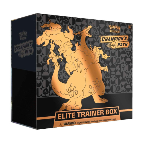 Pokémon Champions' Path Elite Trainer Box with gold dragon design on black background