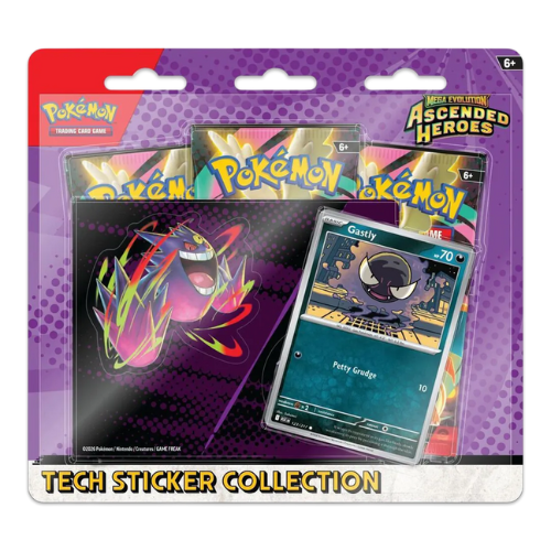 Pokémon trading card game pack with cards and stickers on a purple background