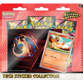 Pokémon trading card game packaging with cards and stickers on a red background