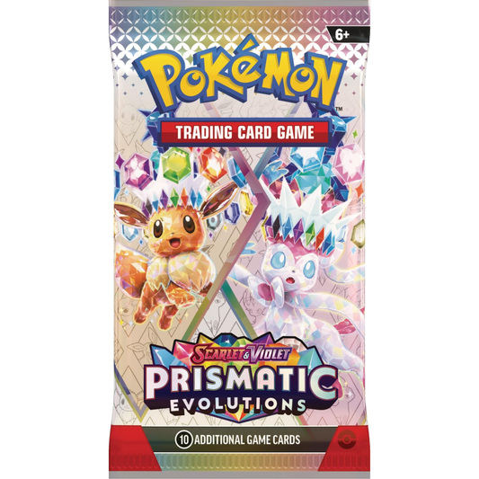 Pokémon trading card game pack with Prismatic Evolutions theme on a white background
