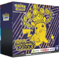 Pokémon trading card game Elite Trainer Box packaging with Pikachu on a blue and yellow striped background.