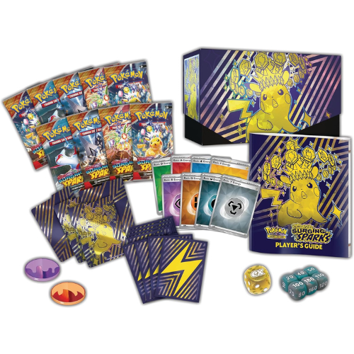 Pokémon trading card game packaging with cards, guidebook, and dice on a white background