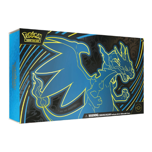 Pokémon trading card game box with a blue and yellow dragon design on a black background