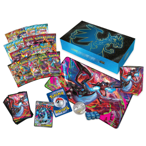 Pokémon trading card game set with cards and a large box featuring Pokémon artwork.