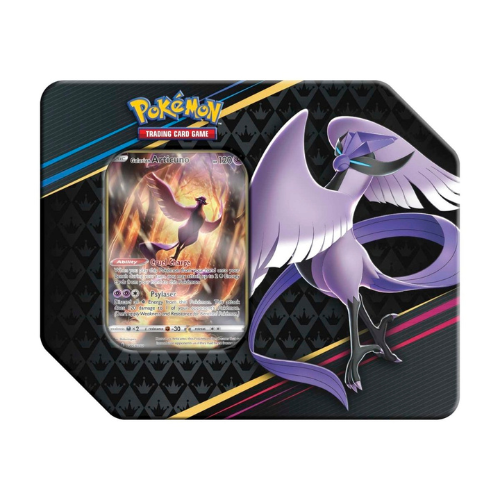 Pokémon trading card game packaging with a card featuring a purple and black creature on a black background.