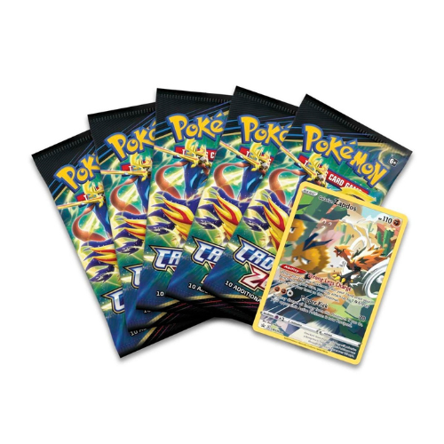 Five packs of Pokémon trading cards on a white background