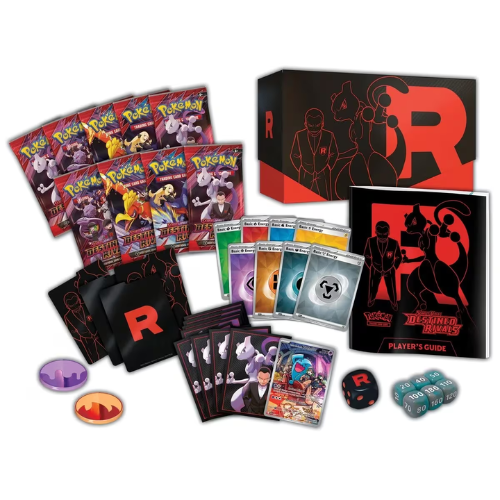 Pokémon trading card game collection with various cards, a box, and accessories on a white background.