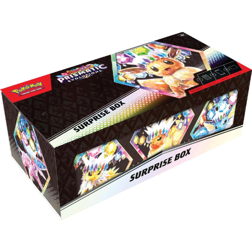 Pokémon Prismatic Evolution Surprise Box packaging with colorful cards on a white background