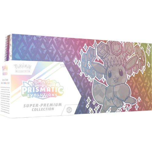 Pokémon Prismatic Evolutions trading card box with Eevee illustration on a white background