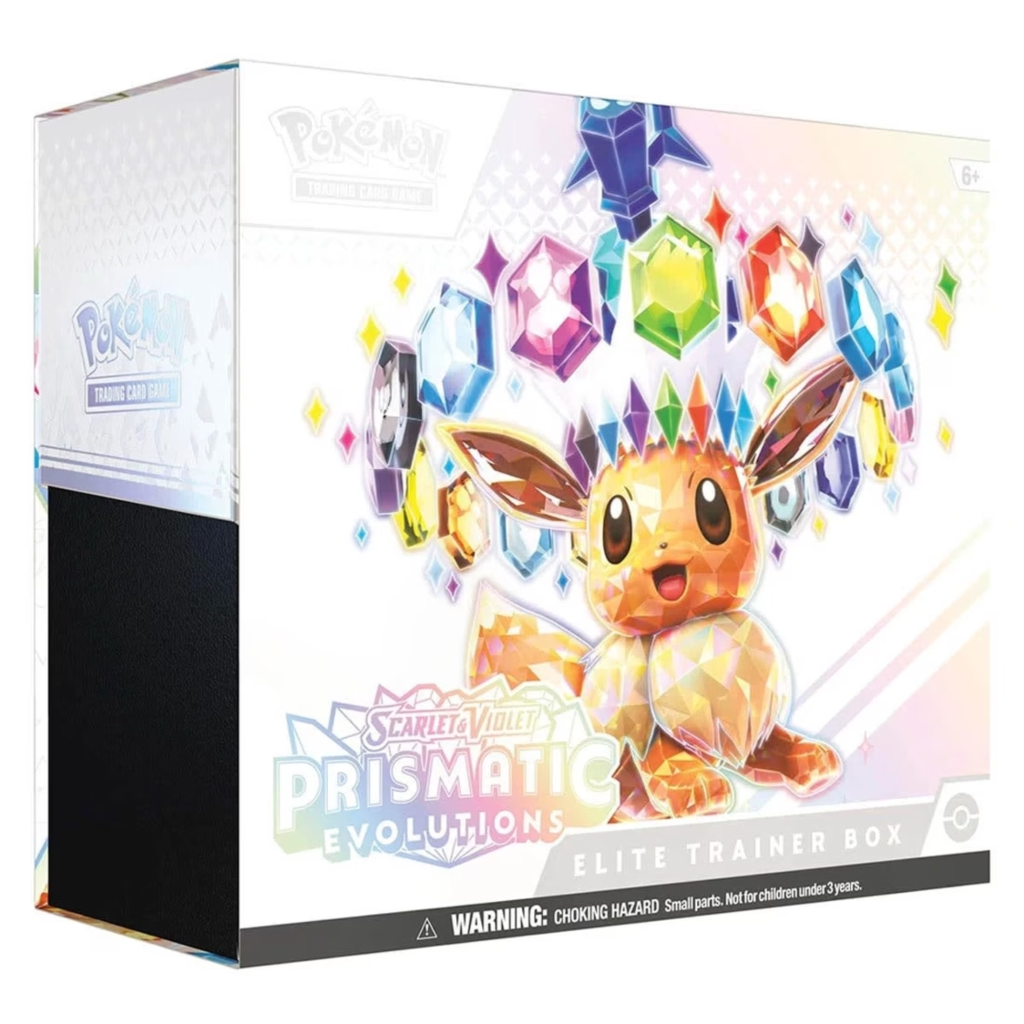 Pokémon Scarlet & Violet Prismatic Evolutions Elite Trainer Box packaging with Eevee illustration.