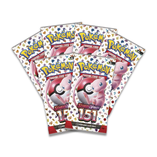 Six Pokemon trading card game packs on a white background
