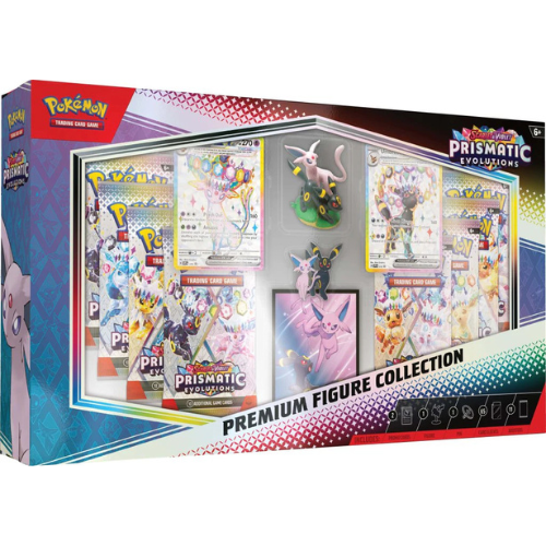 Pokémon Prismatic Evolutions Premium Figure Collection packaging with figures and cards.