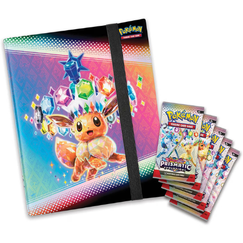 Pokémon trading card game binder with Prismatic Evolution cards on a white background