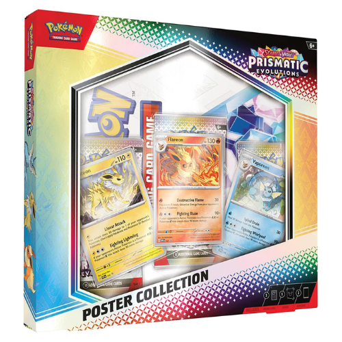 Pokémon trading card game poster collection packaging with cards displayed.