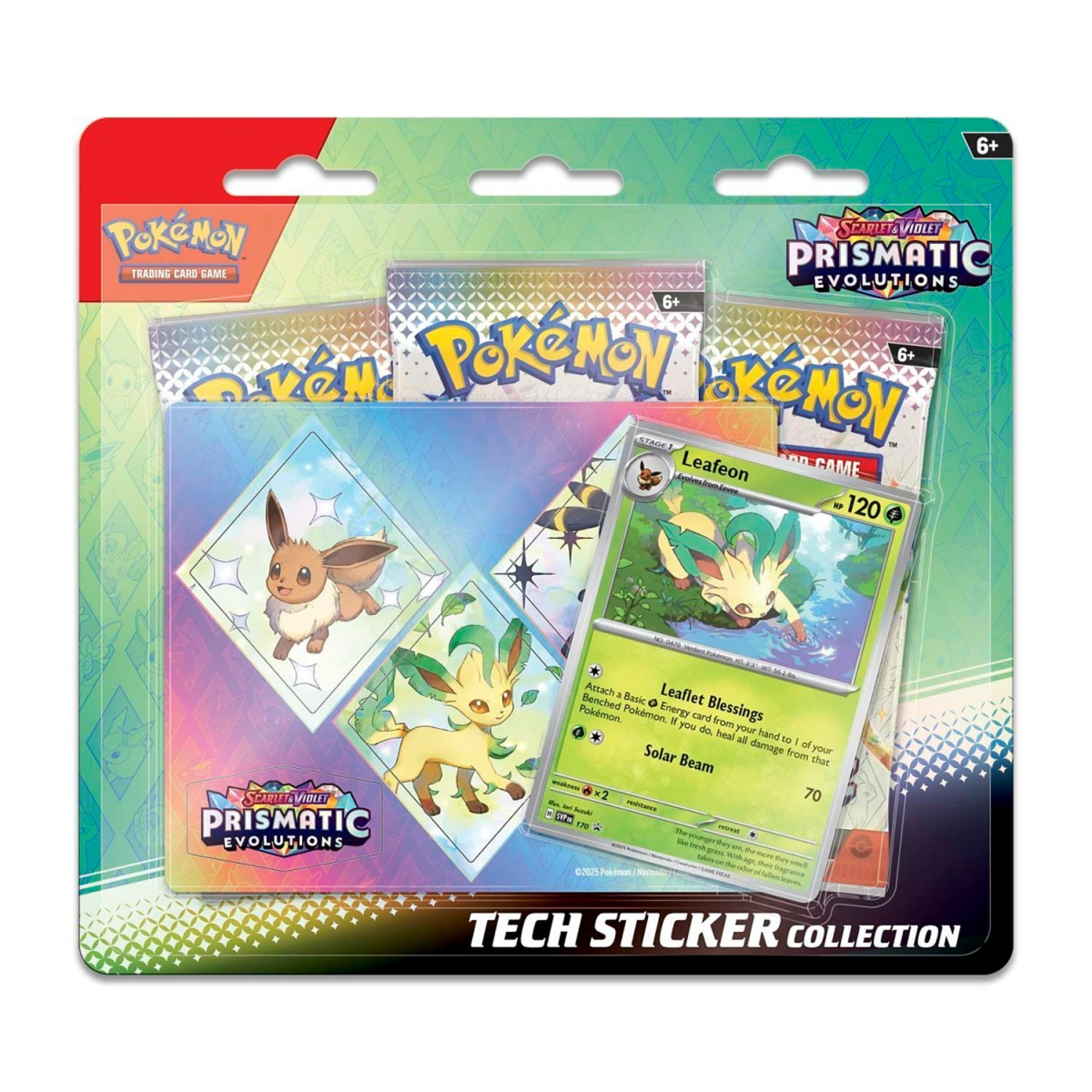 Pokémon trading card game packs with Prismatic Evolutions branding on a colorful background