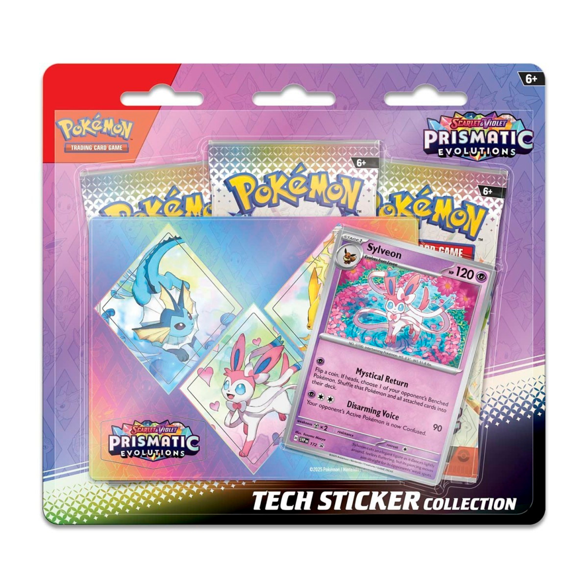 Pokémon trading card game packaging with cards and stickers on a white background