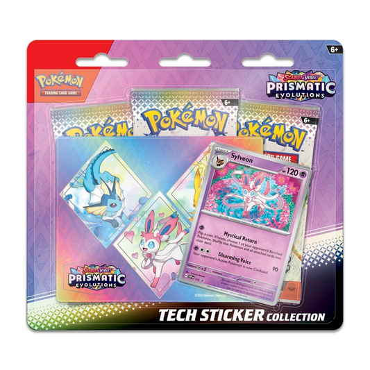 Pokémon trading card game packaging with cards and stickers on a white background