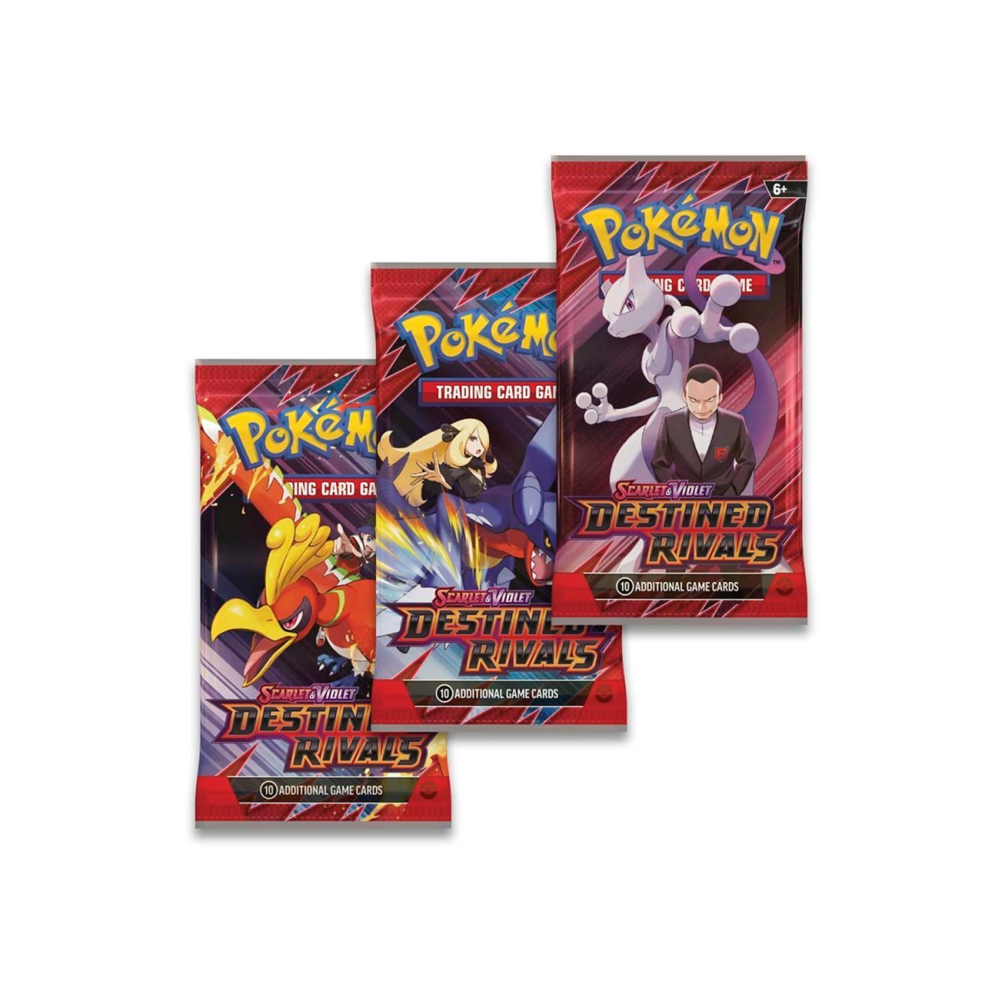Three Pokémon trading card game packs featuring different characters on a white background.